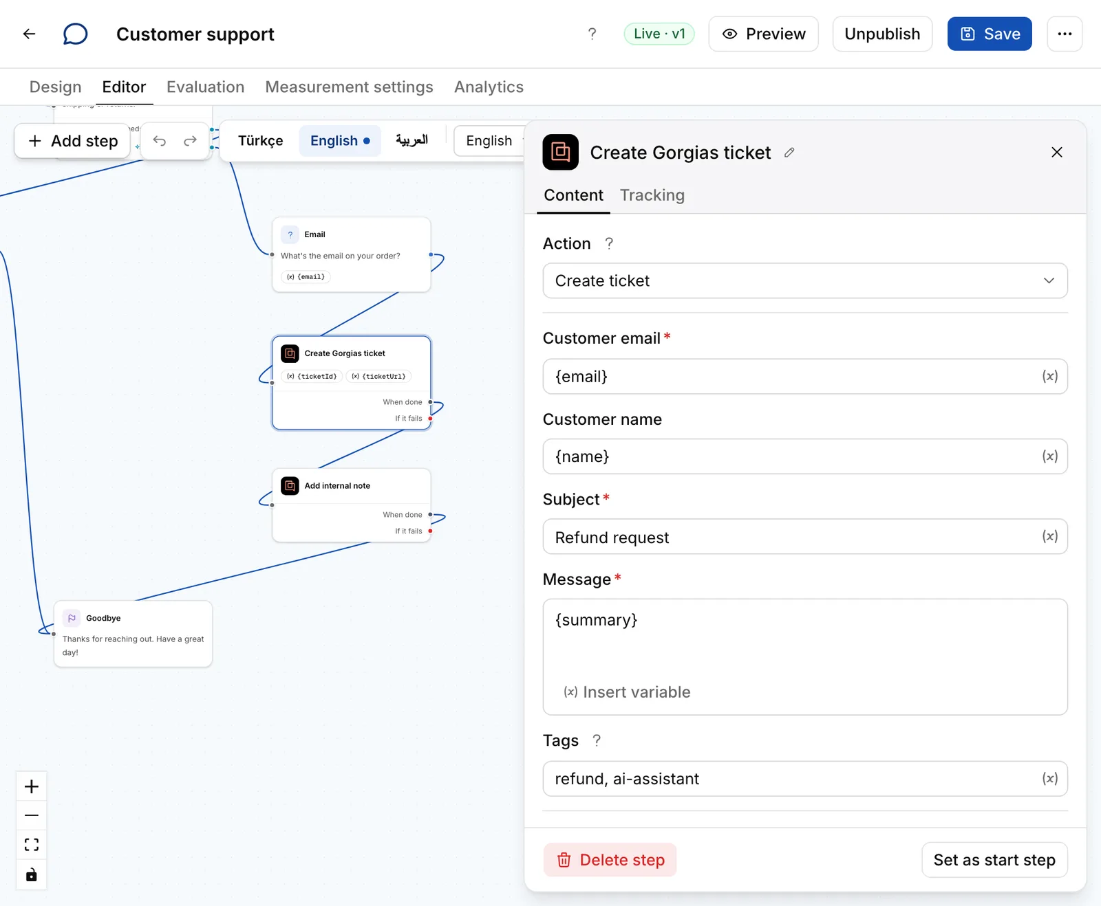 A “Create ticket” step: the customer's email and name, subject, message and tags, filled in from the conversation.
