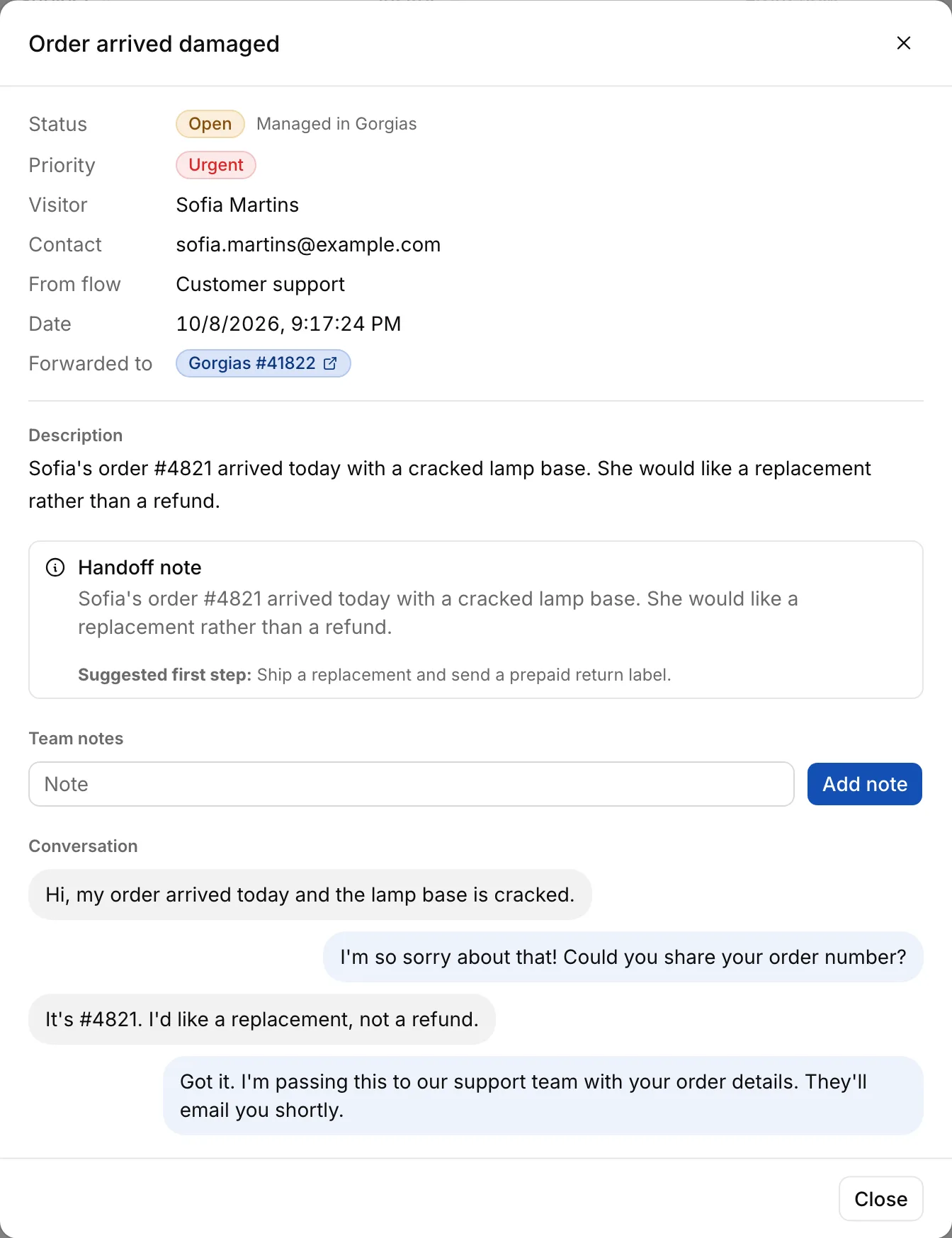 A forwarded request in agenola: the Gorgias ticket number, the handoff note and the conversation.