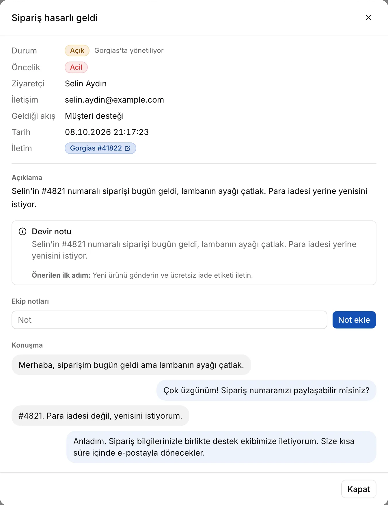 agenola'da iletilmiş bir talep: Gorgias talep numarası, devir notu ve konuşma.