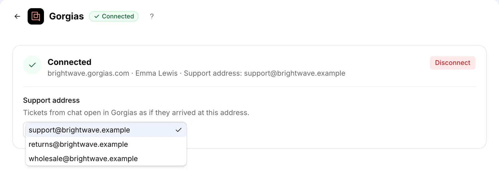 The connection card: your Gorgias account, who connected it and the support address tickets arrive at.